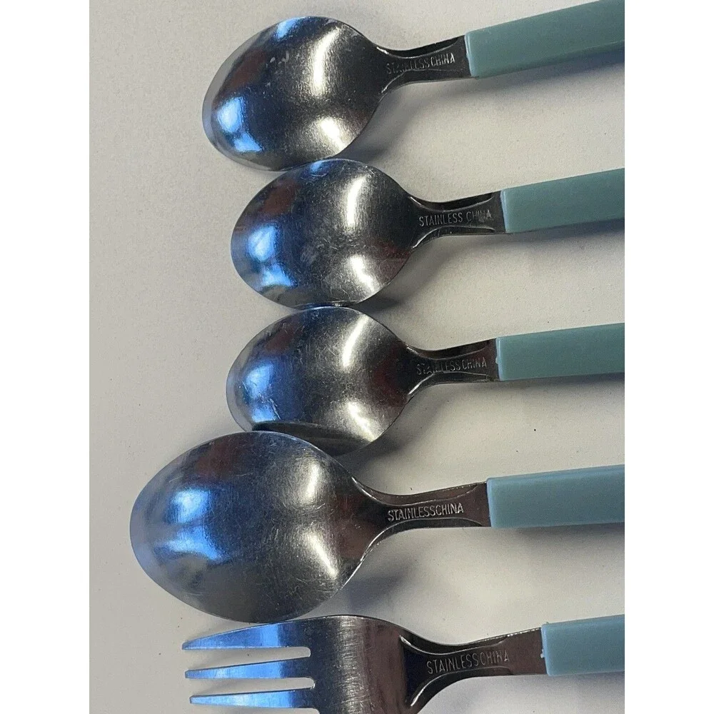 Vintage MCM carve Muffin Style Milky Blue Flatware Fork Spoon Lot Of 5